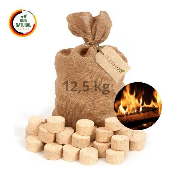 Drevené brikety Floranica – 100 % lisované z tvrdého dreva – 5 × 12,5 kg (62,5 kg) – okrúhle brikety do krbu – vysoká výhrevnosť – nízke emisie dymu